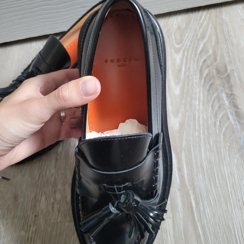 Sandro Black Leather Tassel Loafers with Gold Toe Accent - Picture 3 of 4